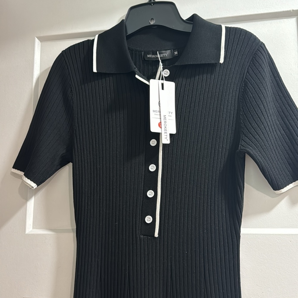 Women’s Long Black Collar Buttoned Down Ribbed Sweater Bodycon Maxi Dress Medium - Picture 7 of 14